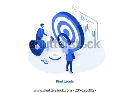 Find leads isometric concept vector illustration. Generate sales leads, digital marketing strategy, build brand awareness, find new customer, content creation, sales funnel abstract metaphor.