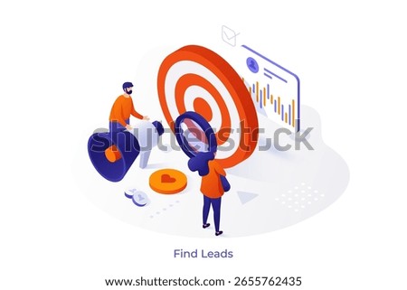 Find leads isometric conceptual vector. Generate sales leads, digital marketing strategy, build brand awareness, find new customer, content creation, sales funnel concept illustration