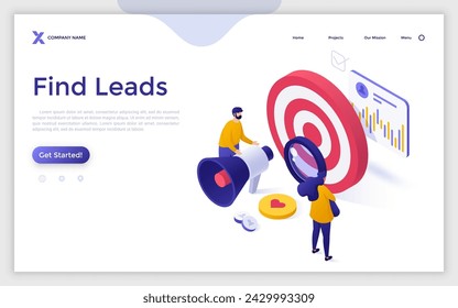 Find leads isometric landing page vector. Generate sales leads, digital marketing strategy, build brand awareness, find new customer, content creation, sales funnel concept illustration