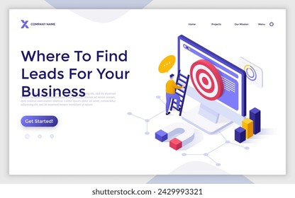 Find leads isometric landing page vector. Generate sales leads, digital marketing strategy, build brand awareness, find new customer, content creation, sales funnel concept illustration