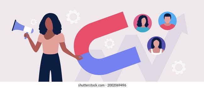 Find leads and sales funnel concept. Character is looking for new clients. Marketing and business strategy. Colorful flat vector illustration.