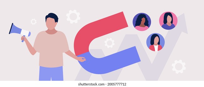 Find leads and sales funnel concept. Character is looking for new clients. Marketing and business strategy. Colorful flat vector illustration.