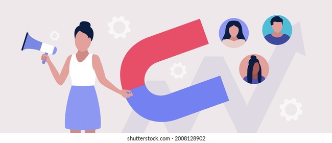 Find leads and sales funnel concept. Character is looking for new clients. Marketing and business strategy. Colorful flat vector illustration.