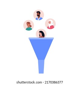 Find leads and sales funnel concept. Marketing and business strategy. Colorful flat vector illustration.