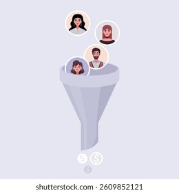 Find leads and sales funnel concept. Marketing and business strategy. Vector illustration in a flat style