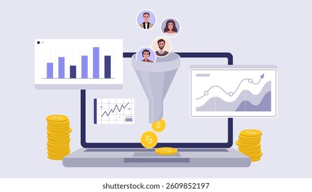 Find leads and sales funnel concept. Marketing and business strategy. Vector illustration in a flat style