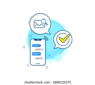 Find letter document sign. Phone messages complex icon. Search mail line icon. Magnify glass. Messenger chat screen banner. Search mail sign. Vector