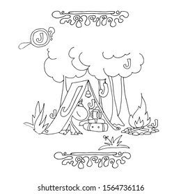 Find Letter J. Funny cartoon unicorn. Animals alphabet a Coloring page. Printable worksheet. Unicorns resting in a tent in the woods.