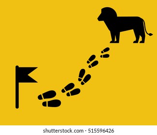 Find the lion on the map.  Footstep with flag. Flat style.