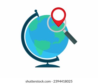 Find location or destination in globe with magnifying glass for travelling vector illustration