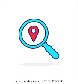 Find Location logo design template. Search internet web with magnifying glass locator vector logo icon. Finding location vector icon
