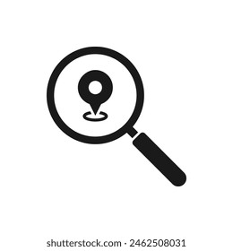 Find location. Maps pin with magnifying glass icon flat style isolated on white background. Vector illustration