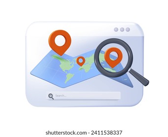 Find location online, search bar and pin isolated. GPS and Navigation map Symbol 3D illustration. Element for Map, Social Media, Mobile Apps. 3D Web Vector