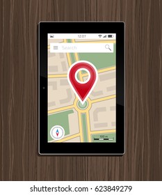 Find Location. Tablet PC showing interface of a map application. Vector illustration on the subject of 'Mobile Technology'.