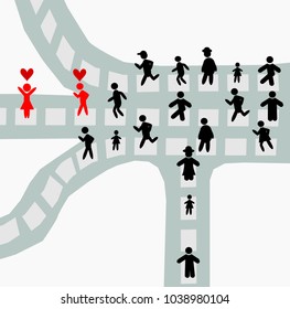 Find love concept,Woman with her red heart waiting man,People choose their paths.vector illustration.