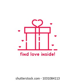 find love inside pink gift box. thin line flat style trend linear logotype graphic design isolated on white background. concept of front view giftbox sign for postcard, flyer or brochure web element