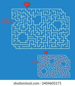 Find love labyrinth. Maze with entry and exit. Solution included - red passing route. Nice design logic game for brain training. Vector illustration.