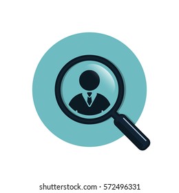 Find man, contact, employee, vector circle icon illustration. Magnifying glass with man inside.