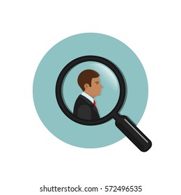 Find man, contact, employee, vector circle icon illustration. Magnifying glass with businessman inside emblem.