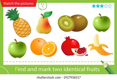 Find and mark two identical items. Puzzle for kids. Matching game, education game for children. Color image of fruits. Banana, garnet, apple, pineapple, kiwi, orange, pear. Worksheet for preschoolers