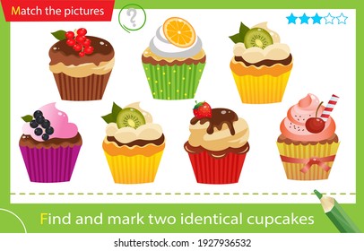 Find and mark two identical items. Puzzle for kids. Matching game, education game for children. Color image of holiday cupcakes or muffins. Pastry and bakery. Worksheet for preschoolers