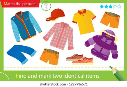 Find and mark two identical items. Puzzle for kids. Matching game, education game for children. Male clothing. Tee shirt, shorts, shirt, jeans, sneakers and baseball cap. Worksheet for preschoolers