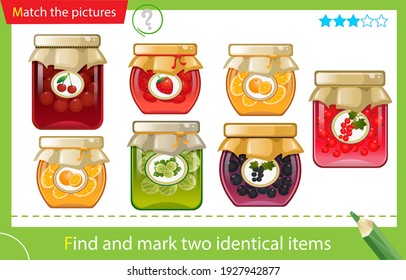 Find and mark two identical items. Puzzle for kids. Matching game, education game for children. Jars of jams. Worksheet for preschoolers.