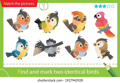 Find and mark two identical items. Puzzle for kids. Matching game, education game for children. Color images of cartoon birds. Crow, parrot, sparrow, titmouse. Worksheet for preschoolers