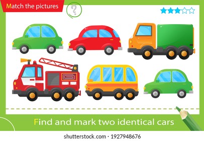 Find and mark two identical items. Puzzle for kids. Matching game, education game for children.  Passenger cars, truck, fire truck and bus. Transport or vehicle. Worksheet for preschoolers