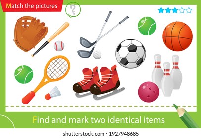 Find and mark two identical items. Puzzle for kids. Matching game, education game for children. Color images of sports equipment. Baseball, Golf, soccer, badminton, skate, basketball. 