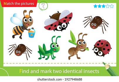 Find and mark two identical items. Puzzle for kids. Matching game, education game for children. Color images of cartoon insects. Ant, grasshopper, spider, ladybug and bee. Worksheet for preschoolers