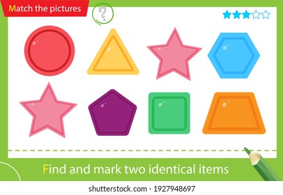 Find and mark two identical items. Puzzle for kids. Matching game, education game for children. Geometric shapes. Worksheet for preschoolers.