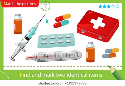 Find and mark two identical items. Puzzle for kids. Matching game, education game for children. Color image of red first aid kit with medications. Health and medical. Worksheet for preschoolers