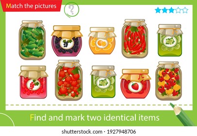 Find and mark two identical items. Puzzle for kids. Matching game, education game for children. Jars of jams and pickles. Worksheet for preschoolers