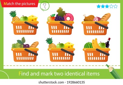 Buscar y marcar dos elementos idénticos. Rompecabezas para los niños. Juego de correspondencia, juego de educación para niños. Cestas de comestibles o cestas de alimentos con bienes. Comprar y comprar. Diseño de vectores de hojas de trabajo para preescolares
