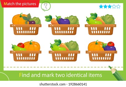 Find and mark two identical items. Puzzle for kids. Matching game, education game for children. Baskets of vegetables. Cabbage, beetroot, tomato, eggplant, pumpkin, carrot, zucchini