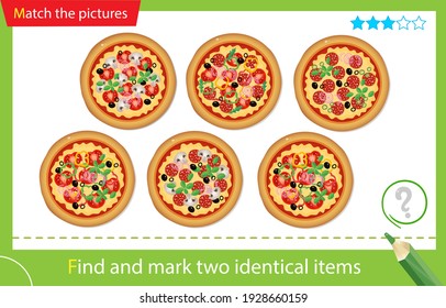Find and mark two identical items. Puzzle for kids. Matching game, education game for children. Cheese pizza with tomatoes, salami, olives, mushrooms, arugula. Worksheet vector design for preschoolers