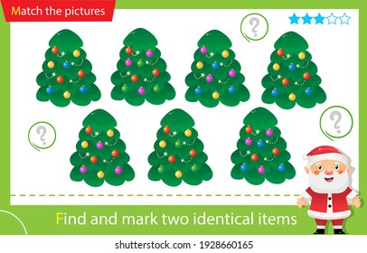 Find and mark two identical items. Puzzle for kids. Matching game, education game for children. Christmas trees with balloons and garlands. New year. Worksheet vector design for preschoolers