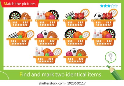 Find and mark two identical sets. Puzzle for kids. Matching game, education game for children. Baskets with sports equipment. Worksheet vector design for preschoolers.