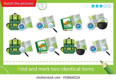 Encuentra y marca dos conjuntos de turistas idénticos. Rompecabezas para los niños. Juego de correspondencia, juego de educación para niños. Mochila con bolera, mapa y brújula. Diseño de vectores de hojas de trabajo para preescolares