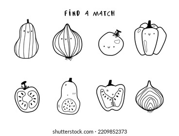 Find a match children coloring page learning card, printable cute set of autumn fall fruits -  butternut squash pumpkin, pepper, onion, tomato with face emotions to teach children, preschool sheet