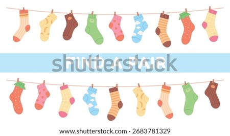Find match socks pair. Cotton socks hanging on rope. Different decorative foot accessories with decor and ornament. Children game racy vector template