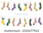 Find matched socks, match sock pair children preschool game. Holiday time, winter accessories on rope or clothesline. Decent puzzle vector sheet