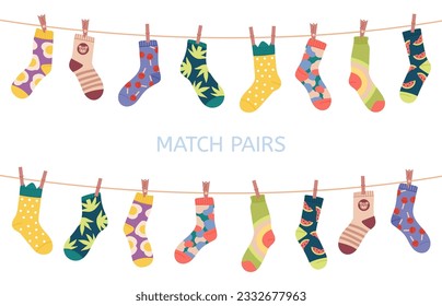 Encuentra calcetines coincidentes, juego de preescolar para niños de pareja. Tiempo de vacaciones, accesorios de invierno en cuerda o telas. Hoja vectorial de rompecabezas decorosa