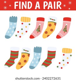 Find matched socks, match sock pair children preschool game. Holiday time, winter accessories on rope or clothesline. Printable worksheet.