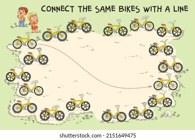 Find matches. Connect the same bikes with a line. Match the same items with the path. Children puzzle. Funny vector illustration
