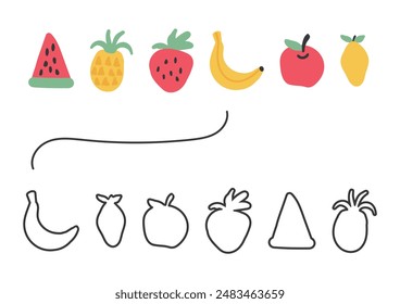 Find matches. Connect the same fruit with a line. Match the same items with the path. Children puzzle. educational game for kids. Funny cartoon vector illustration