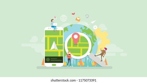 Find Me GPS Tracking App Tiny People Character Concept Vector Illustration, Suitable For Wallpaper, Banner, Background, Card, Book Illustration, And Web Landing Page