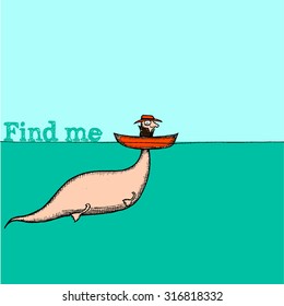 FIND ME hand drawn funny sketch Nessie on the boat-stock vector
