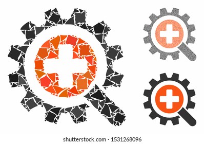 Find medical technology composition of uneven pieces in variable sizes and color tones, based on find medical technology icon. Vector trembly pieces are united into collage.